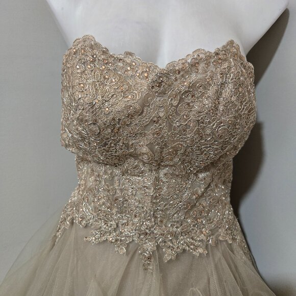 12 Sherri Hill 52504 Strapless Tulle Pickup Ruffle Gown Metallic Lace & Rosettes - Picture 7 of 13